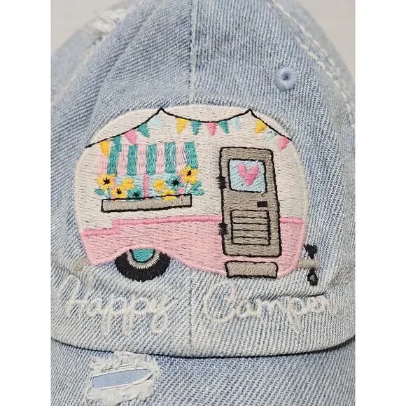 Kbethos Vintage Happy Camper Baseball Cap Hat Denim Distressed Embroidered EUC w - Picture 2 of 8